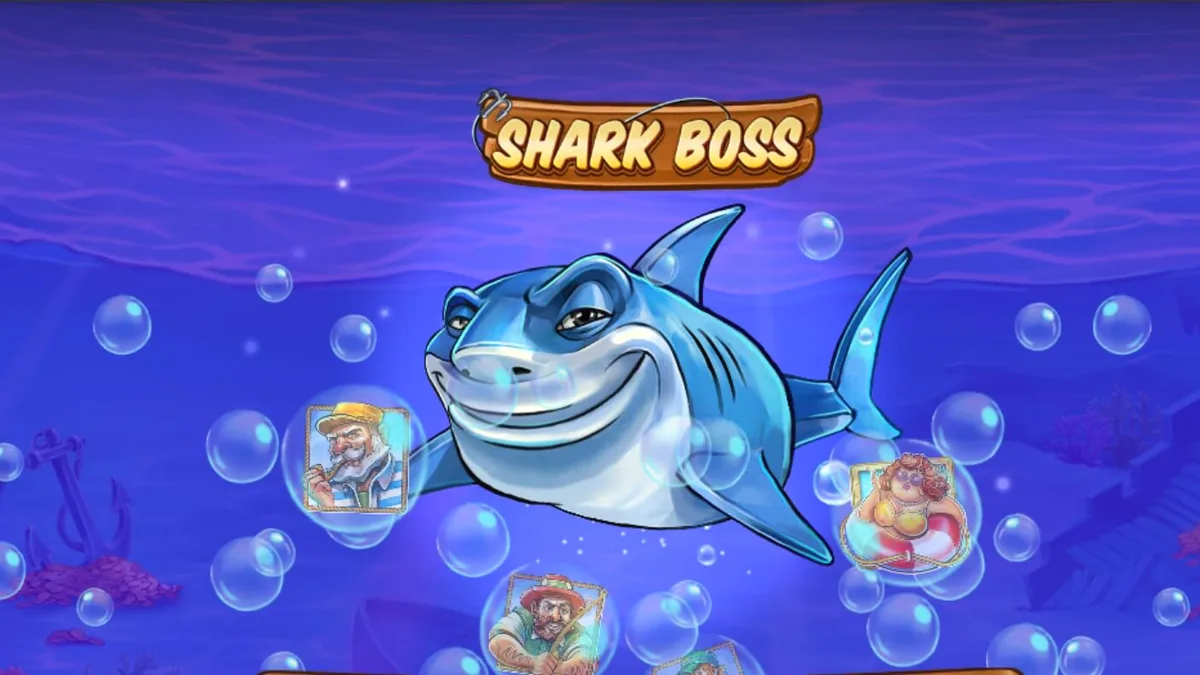Shark Boss স্লট গেমের একটি দৃশ্য যেখানে হাঙর নৌকায় বসে মাছ ধরছে